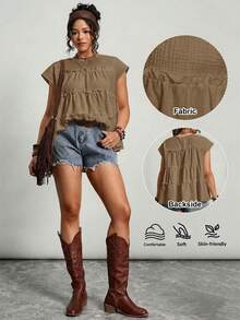 Freevana Plus Size Solid Color Ruffle Collar Casual Summer Shirt - Brown - View 4