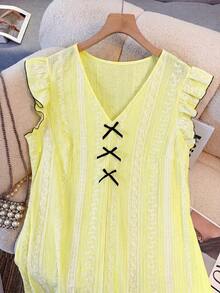 GlowEve CURVE Women's V-Neck Ruffle Sleeve Bow Decor Textured Print Comfortable Casual Sexy Summer Plus Size Dress Vacation Formal Yellow - Pale Yellow - View 5