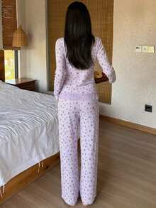 DAZY Floral Lace Ruffle Trim Patchwork 2pcs Women's Pajama Set - Mauve Purple - View 2