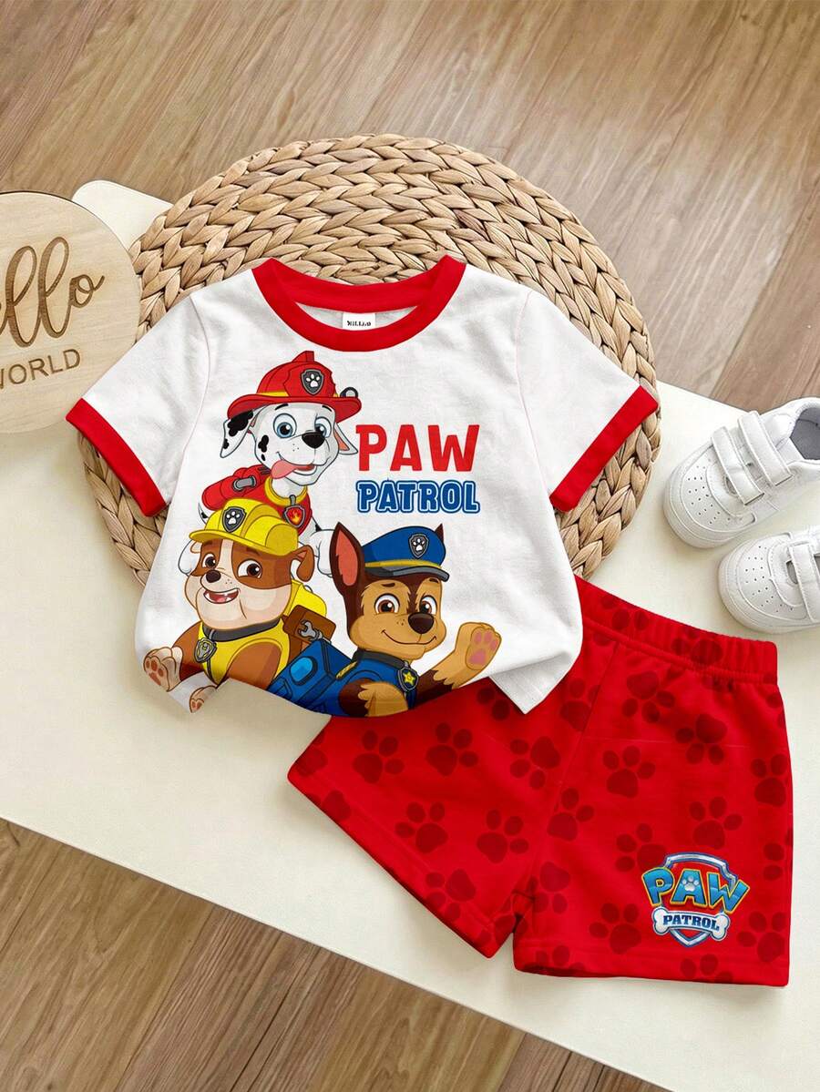 SHEIN | PAW Patrol 男嬰休閒簡約款,柔軟舒適,經典可愛卡通動畫圖案印花,可愛小狗圓領短袖T恤與短褲2件套,適合春夏季 - 彩色 - 查看 1