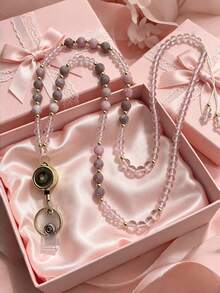1pc Natural Stone Beads Retractable Badge Reel Lanyard Id Card Holders Necklaces Chain Keychain Clip For Women Men Employee Wholesal - multicolor - View 9