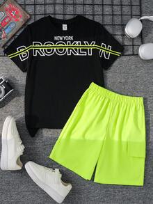 SHEIN 兒童 2 件組青少年男孩休閒對比色短袖 T 恤與短褲套裝，春/夏青少年男孩服裝，男孩 2 件套裝男孩夏季套裝適用於春/夏，日常穿著、運動、外出、學校、派對、節日、拍照 - 彩色 - 查看 5
