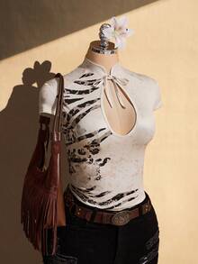 SHEIN ICON Plus Size Cheongsam Collar Deep V-Neck Cutout Leopard Print Knit Top - Multicolor - View 5