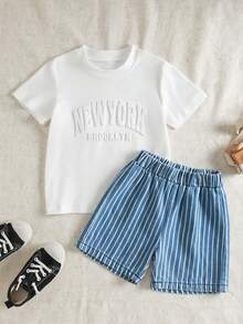 SHEIN Casuvi Kids 2件/套 男童春夏季簡約時尚杏色針織面料英文字壓花圓領短袖上衣搭配彈性腰真牛仔短褲套裝，簡約百搭，適合男孩春夏季出遊、戶外活動、度假等 - 白色 - 查看 3