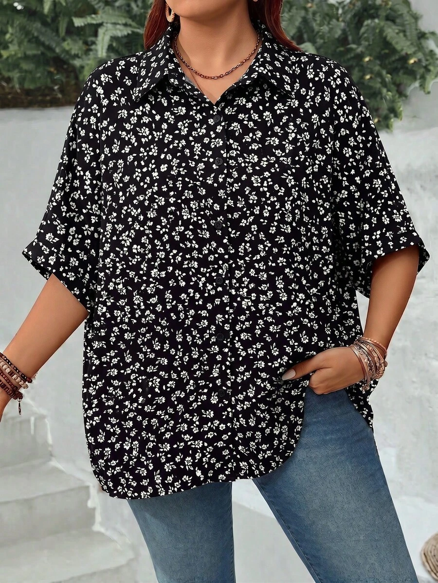 EMERY ROSE 大尺碼女款素色蝙蝠袖寬鬆單排扣休閒襯衫,度假穿搭女裝 - 彩色 - 查看 1