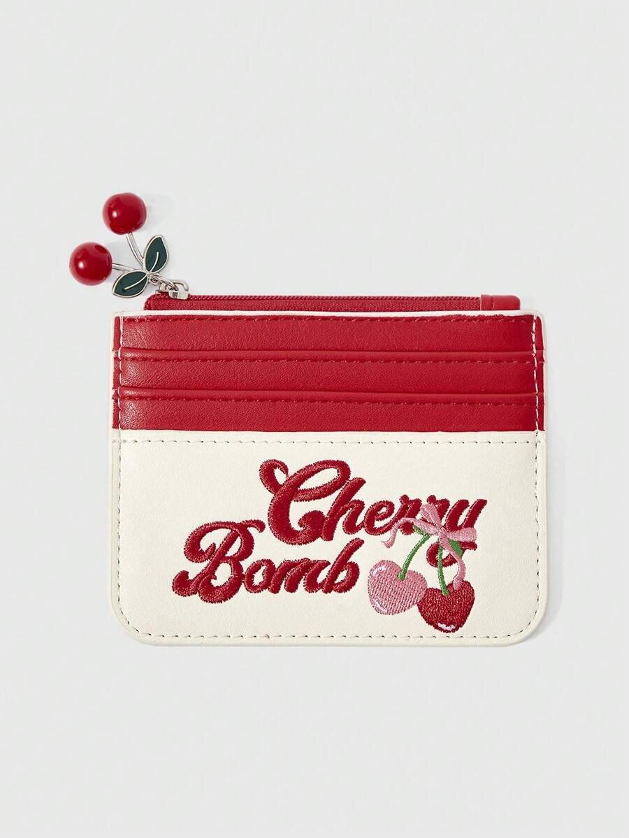 ROMWE Kawaii 1 Bolsa de tarjetas para mujer con patrón de cereza y letra bordada, bolsa de almacenamiento de tarjetas portátil con empalme de colores contrastantes, adecuada para uso diario y para regalar. - Blanco 1 - Ver 1
