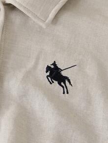 SHEIN Tween女孩淺卡其色紋理2件套，刺繡領長袖襯衫搭配同布料鬆緊腰寬腿褲，親膚面料，休閒隨性風格，春/秋日常街頭通勤套裝，小眾設計極簡風 - 卡其色 - 查看 4