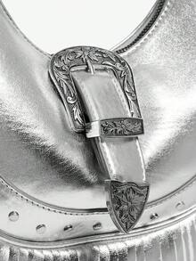 Viva Strut 女士单肩包，流浪包，时尚，个性化，简约，百搭，街头风，甜美酷女孩，辣妹，Y2K，复古，铆钉，怀旧，流苏，奶牛纹，西部风，波西米亚风，音乐节，青少年 - 銀色 - 查看 6