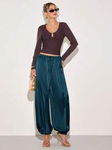 COSMINA Pantalones largos holgados de pierna ancha con diseño de cordón en la cintura y puños para mujer, unicolor - Verde - Ver 5