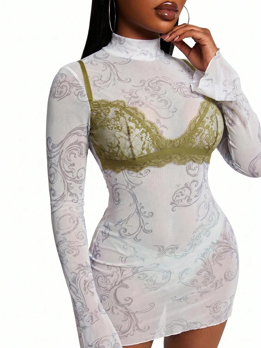 SHEIN SXY 大尺碼女款度假波浪印花比基尼上衣荷葉邊飾透視沙灘洋裝 - 彩色 - 查看 1