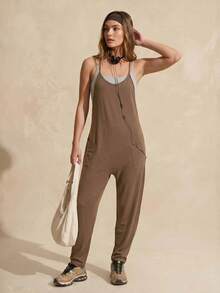 Exploreva Exploreva Jumpsuit Olahraga Luar Ruangan Tanpa Lengan dengan Tali Bahu Tipis Warna Polos untuk Wanita di Musim Panas - Coffee Brown - View 5