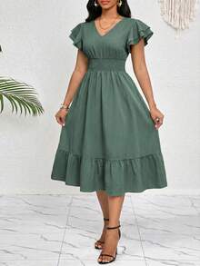 SHEIN Lady Women's Solid Color Shirred Ruffle Short Sleeve Shirred Waist Casual Mini Dress - Green - View 6