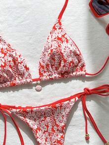 Swim Mod Women's Summer Jacquard Fabric Halter Neck Metal Decor Sexy Bikini Set - Red and White - View 4