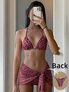 Costavie Conjunto de bikini de 3 piezas con minifalda con decoración metálica y estampado aleatorio para mujer, primavera/verano - Blanco - Ver 8