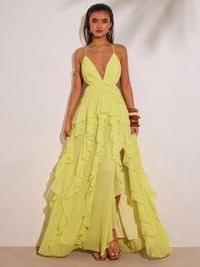 SHEIN BAE Đầm dạ hội màu vàng chiffon thanh lịch dành cho nữ, kiểu dáng hở lưng, buộc dây, xếp ly, vạt bất đối xứng, xẻ tà, thích hợp cho kỳ nghỉ biển, đám cưới trên biển, tiệc sinh nhật, váy cưới, váy hẹn hò lãng mạn, đầm dài chiffon sang trọng. - Vàng nhạt - Xem 9