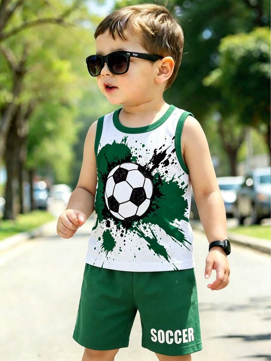 1 Set Young Boys Casual Simple Sports Outdoor Soccer Pattern Print Crew Neck Tank Top Paired With Letter Print Soccer Solid Color Shorts Suitable For Summer Outings - Multicolor - View 1