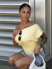 SAYEHFBABY 女款春夏秋不對稱領短袖修身白色T恤休閒夏季 - 黃色 - 查看 4