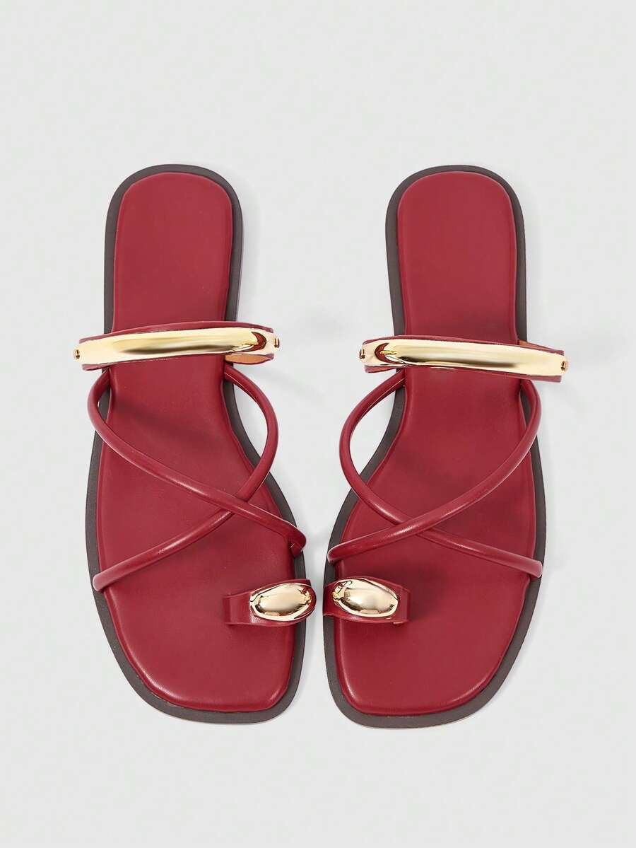 Sleekvia Ladies Comfortable Flat Wear-Resistant Versatile Metal Outdoor Flip-Flops Slippers Summer - PU-burgundy - View 1