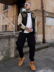 Artur Kramer Men's Long Sleeve Casual Street Fashion Collegiate Style Letter Applique Contrast Striped Trim Rave Baseball Jacket, Autumn/Winter - Multicolor - View 5