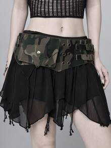ROMWE Grunge Punk Y2K 龐克風黑色金屬鉚釘氣體眼多口袋可調節金屬扣女款腰包 - 迷彩色 - 查看 1