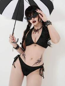 ROMWE Goth 女士夏季沙滩蜘蛛网印花露背系带性感比基尼泳装套装 - 深灰色 - 查看 6