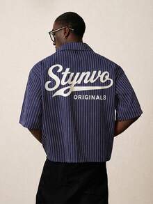 STYNVO Men's Vertical Striped Pattern Letter Print Short Sleeve Shirt - Royal Blue - View 3