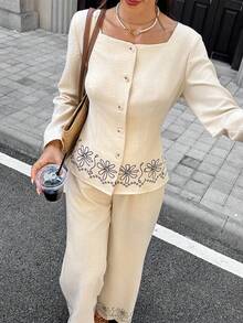 Serisse 女款花卉印花長袖上衣與長褲休閒日常兩件套 - 杏色 - 查看 6