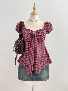 Elamini Women's Spring/Summer Red Plaid Shirt, Sexy Retro Casual Short Sleeve, Bow Decor Chest Design, Slim Fit - Hot Pink - View 6