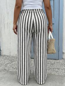 SHEIN PETITE CURVE 大码弹力腰条纹休闲裤 - 黑與白 - 查看 2