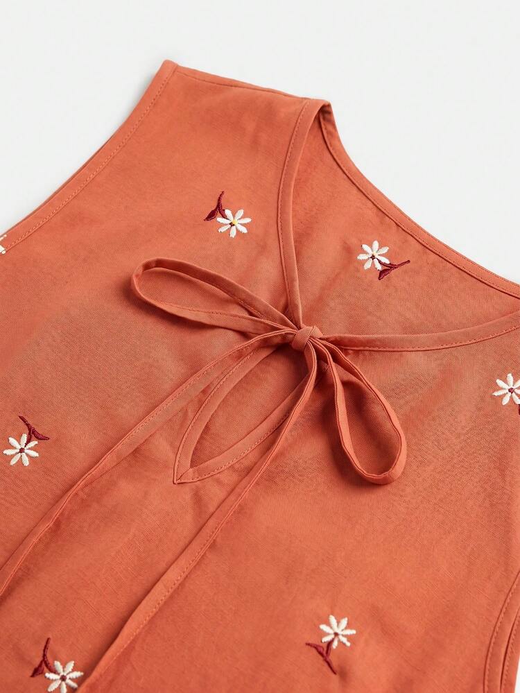 Red Loose Fit A Line Floral Embroidered Mini Dress Summer Holiday Casual Vintage Chic