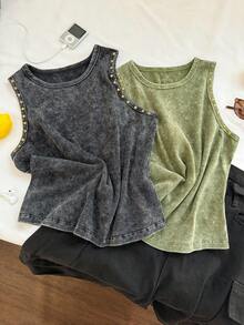 Comfortcana Plus Size Women's Round Neck Stud Decor Casual Smart Casual Versatile Everyday Outing Top Holiday Grey Olive Green Summer - Multicolor - View 3