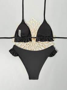 Bonvoyette 2026 Spring/Summer Triangle Cup Black Fabric Drawstring Ruched Hem Design Gold Starfish Shell Conch Pendant 3-Piece Set Sexy High Cut Bikini For Women, Suitable For Beach, Seaside, Pool - Black - View 3