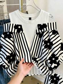 Resyla Women's Casual Striped Floral Print Patchwork Open Shoulder Top, Summer Travel Black And White - Multicolor - View 1