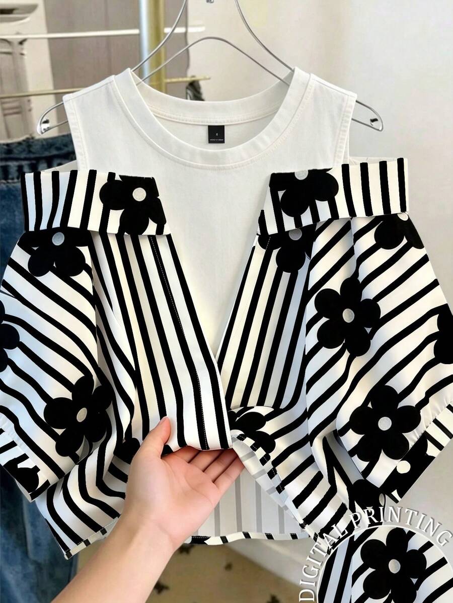 Resyla Women's Casual Striped Floral Print Patchwork Open Shoulder Top, Summer Travel Black And White - Multicolor - View 1