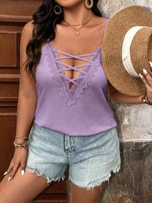 Breezaya Plus Size Women Solid Color Strap Decor Lace V-Neck Camisole Top - Purple - View 6