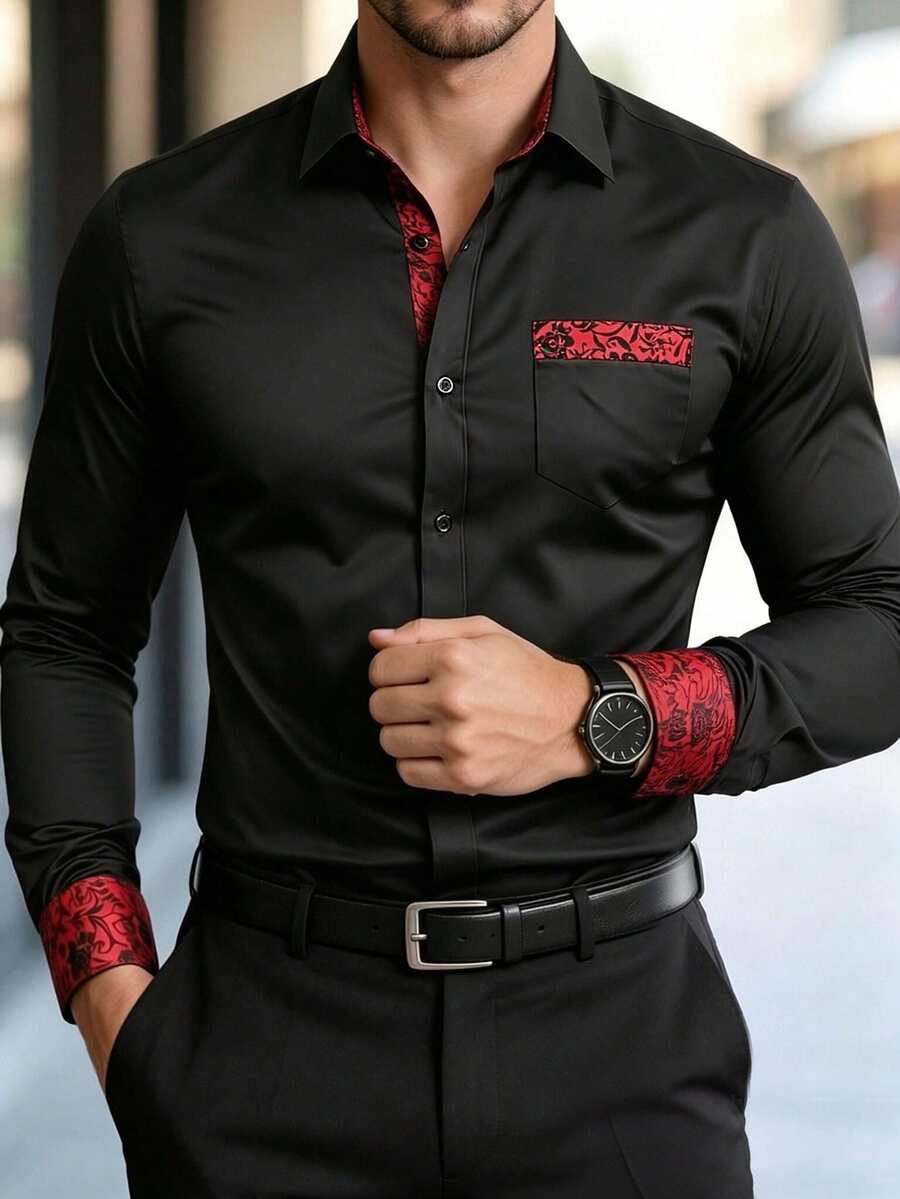 Manfinity Bizformal 男士奢華黑紅拼接襯衫,時尚休閒正裝襯衫,適合秋季派對,防皺長袖鈕扣商務設計師上衣,儀式穿搭 - 黑色 - 查看 1