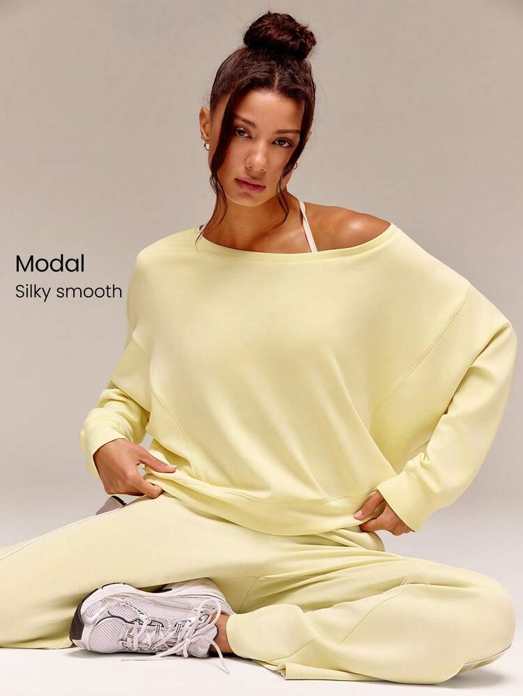 GLOWMODE Modal Soft Oversized Off-Shoulder Sweatshirt Daily Casual  Spring Summer - French Vanilla - View 1