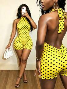 Mistrie Women's Polka Dot Yellow Print Halter Neck Romper Unitard Club Night Out Summer Sexy - Multicolor - View 3