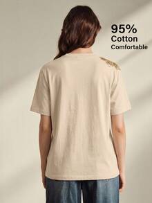 Anewsta Women's Elegant Short Sleeve Crew Neck Fitted T-Shirt, Summer - Apricot - View 2