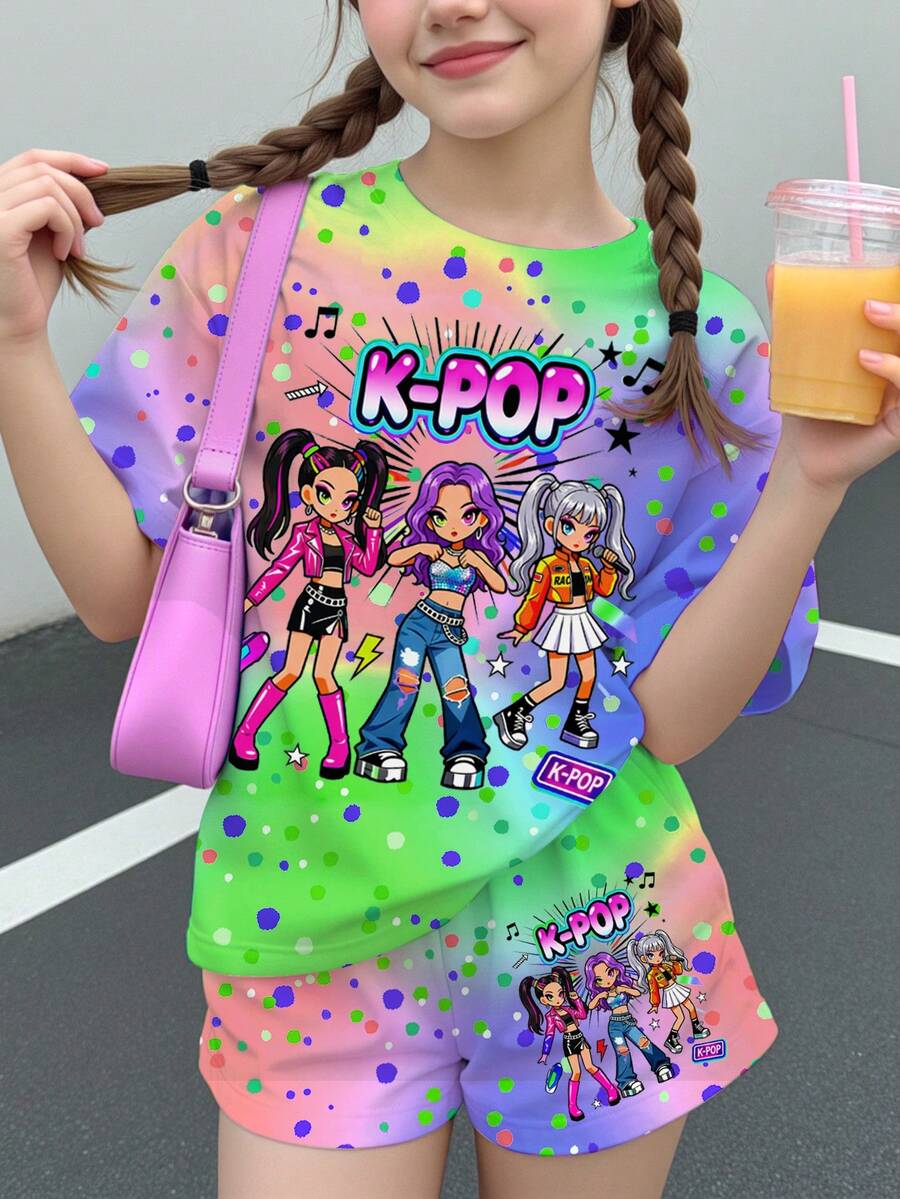 Tween Girl Crew Neck Letter Cartoon Print Short Sleeve T-Shirt And Shorts Casual Daily Set - Multicolor - View 1