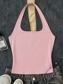 Tween Girls Pink Long Casual Halter Neck Top, Fitted Tank Top Suitable For Summer - White - View 3