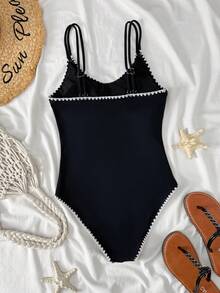 SHEIN TEEN Girls Spaghetti Strap One-Piece Swimsuit - Black and White - View 2