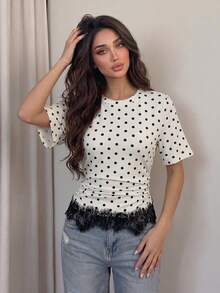 Modelyn Women's Spring/Summer Knit Digital Polka Dot Short Sleeve Black Lace Trim Cinched Waist Ruched Commuter Casual T-Shirt Going Out Tops - Multicolor - View 6