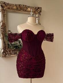 Lovelzi Elegant Sexy Romantic Burgundy Stretch Fabric Cutout Patchwork Fitted Wedding Formal Party Cocktail Party Dinner Birthday Event Plus Size Dress Winter - Burgundy - View 6
