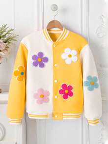 SHEIN Elladie kids 青少年女孩秋季休閒時尚春夏秋款彩色3D花朵拼接棒球夾克，度假穿搭 - 黃色 - 查看 3