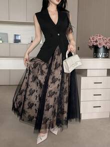 Feyla 女款素色雙排扣背心與裙子優雅兩件套 - 黑色 - 查看 3