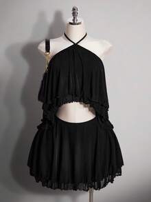 SHEIN ICON Women's Plus Size Summer Retro Sexy Millennial Style Y2K Fashion Casual Modern Urban Bold Avant-Garde Ball Party Black Ruffle Hollow Neck Mesh Dress - Black - View 4