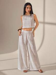SHEIN PETITE Women's White Crew Neck Sleeveless Top And Pants 2 Pieces Set, Vacation,Summer Linen Style Casual Boho Ruffle Trim Contrast Color 2-Piece Set - Apricot - View 7