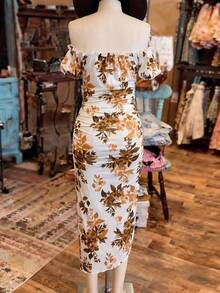 Selianne Robe imprimée mi-longue à épaules dénudées pour femmes, pour les fêtes, la plage et les festivals de musique - Multicolore - Voir 2