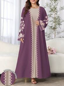 SHEIN Najma 大码女式花卉印花长袖休闲阿拉伯长袍，春秋季 - 彩色 - 查看 1